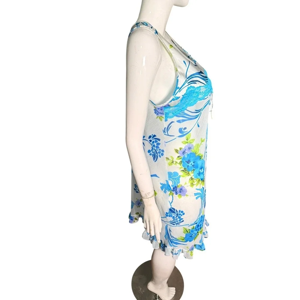 Je T'Adore Satin Night Gown Wmns Blue White Floral 2X Fairy Whimsy Vintage 90s